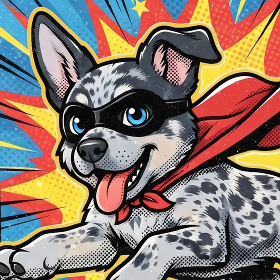 Cartoon Happy the blue heeler as a masked superhero, tongue out